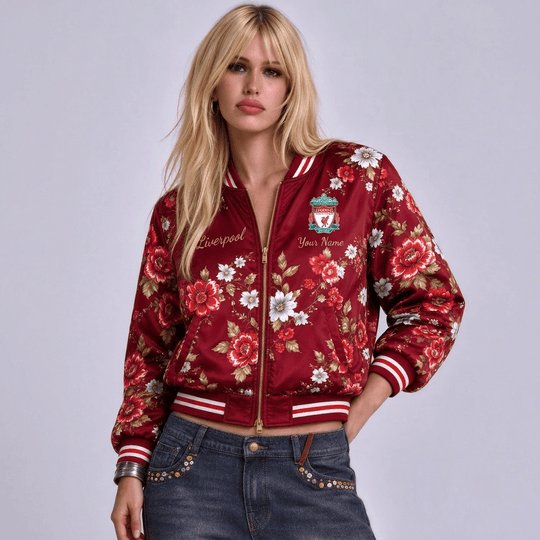 Liverpool EPL Women's Floral Print Casual Zip Up Jacket Personalized Name