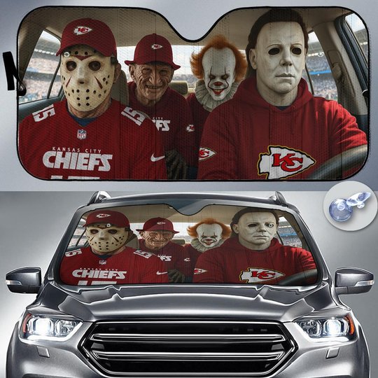 Kansas City Chiefs Horror Movie Car Sunshade | NFL Halloween Windshield Cover Funny Car Sunshade Limited Edition