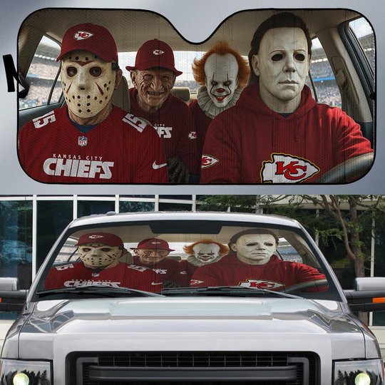 Kansas City Chiefs Horror Movie Car Sunshade | NFL Halloween Windshield Cover Funny Car Sunshade Limited Edition