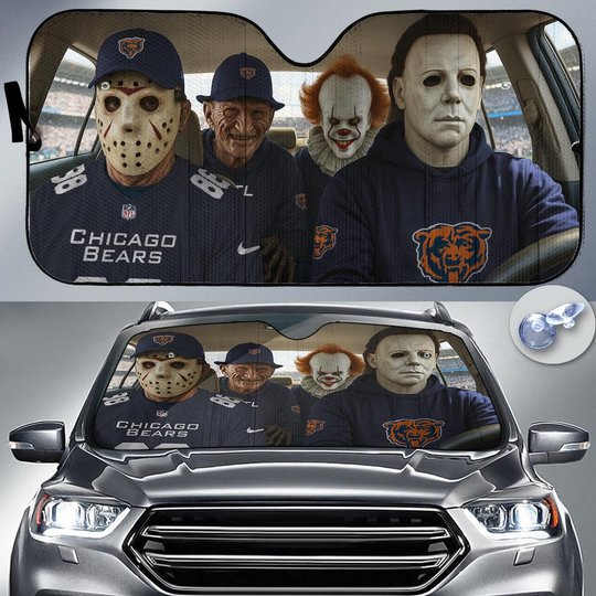Chicago Bears Horror Movie Car Sunshade | NFL Halloween Windshield Cover Funny Car Sunshade Limited Edition