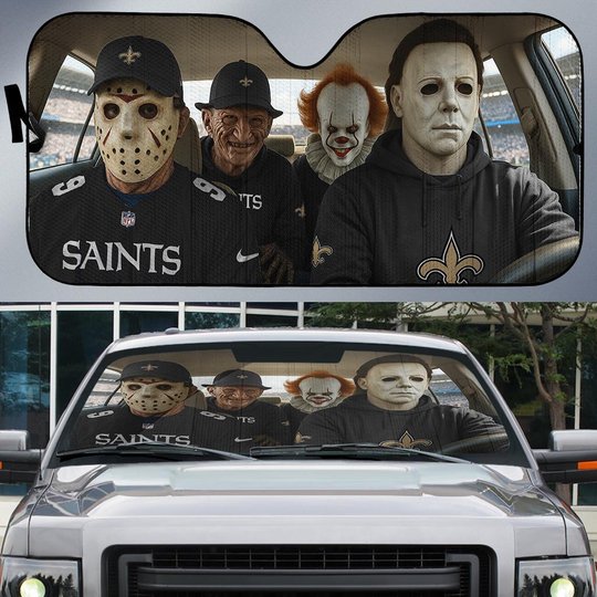 New Orleans Saints Horror Movie Car Sunshade | NFL Halloween Windshield Cover Funny Car Sunshade Limited Edition