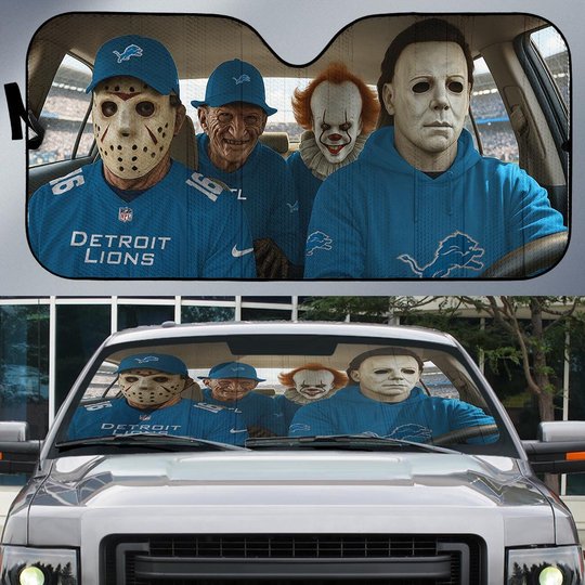 Detroit Lions Horror Movie Car Sunshade | NFL Halloween Windshield Cover Funny Car Sunshade Limited Edition