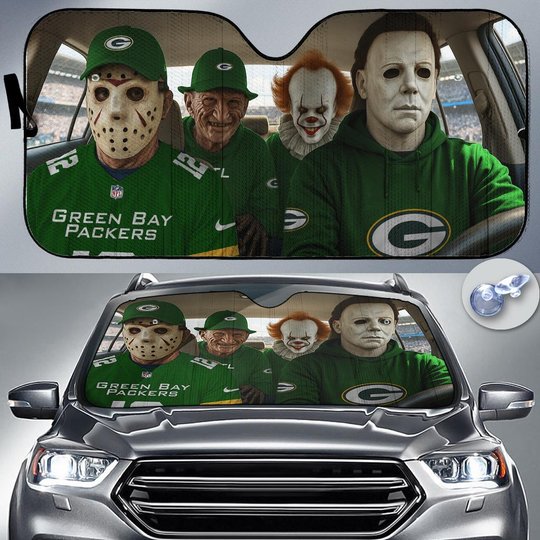 Green Bay Packers Horror Movie Car Sunshade | NFL Halloween Windshield Cover Funny Car Sunshade Limited Edition
