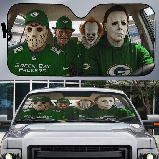 Green Bay Packers Horror Movie Car Sunshade | NFL Halloween Windshield Cover Funny Car Sunshade Limited Edition