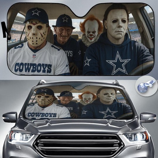Dallas Cowboys Horror Movie Car Sunshade | NFL Halloween Windshield Cover Funny Car Sunshade Limited Edition