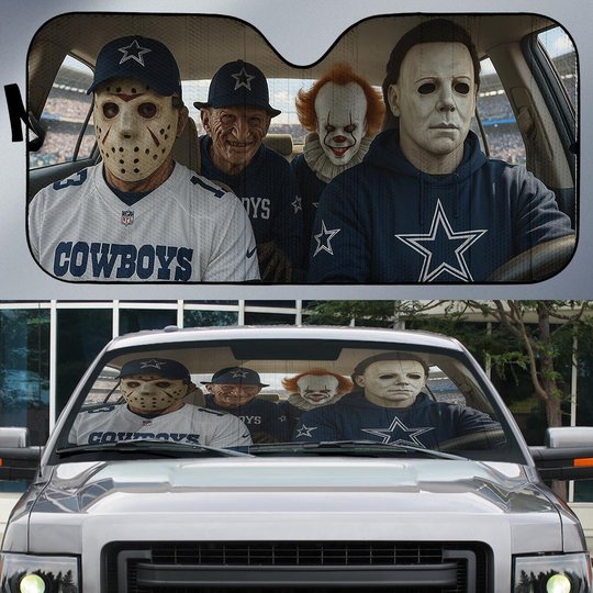 Dallas Cowboys Horror Movie Car Sunshade | NFL Halloween Windshield Cover Funny Car Sunshade Limited Edition