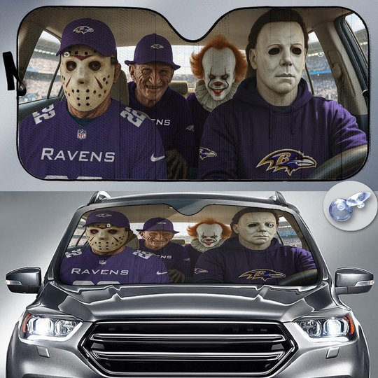Baltimore Ravens Horror Movie Car Sunshade | NFL Halloween Windshield Cover Funny Car Sunshade Limited Edition