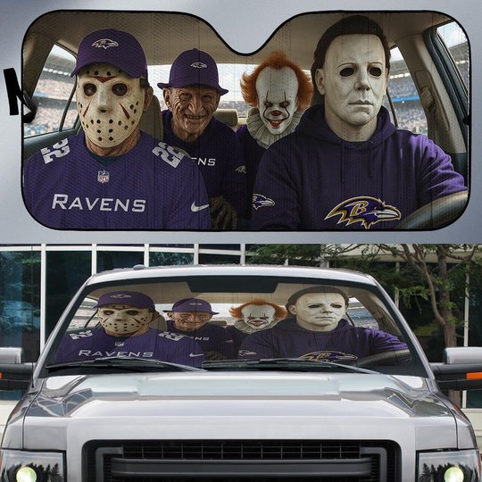 Baltimore Ravens Horror Movie Car Sunshade | NFL Halloween Windshield Cover Funny Car Sunshade Limited Edition