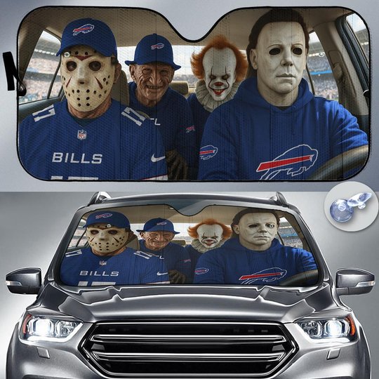 Buffalo Bills Horror Movie Car Sunshade | NFL Halloween Windshield Cover Funny Car Sunshade Limited Edition