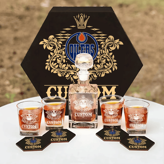 Personalized Edmonton Oilers Decanter Set Wooden Box Custom Gift