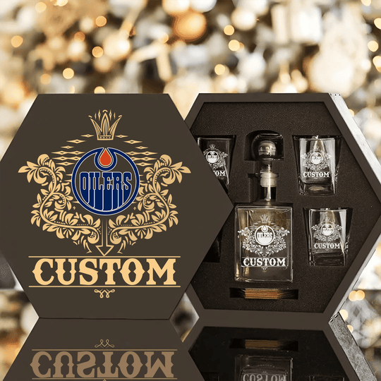 Personalized Edmonton Oilers Decanter Set Wooden Box Custom Gift