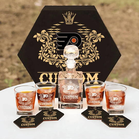 Personalized Philadelphia Flyers Decanter Set Wooden Box Custom Gift