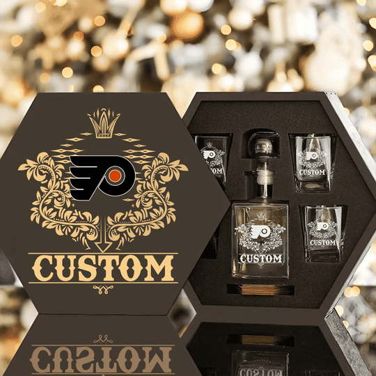 Personalized Philadelphia Flyers Decanter Set Wooden Box Custom Gift