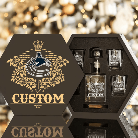 Personalized Vancouver Canucks Decanter Set Wooden Box Custom Gift