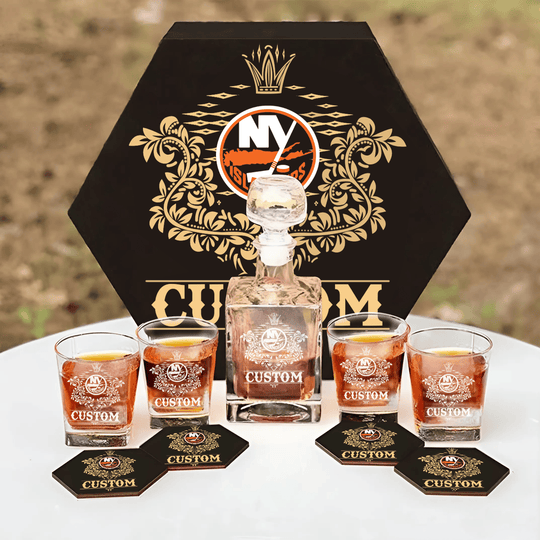 Personalized New York Islanders Decanter Set Wooden Box Custom Gift