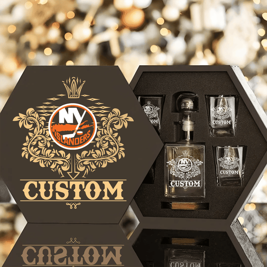 Personalized New York Islanders Decanter Set Wooden Box Custom Gift