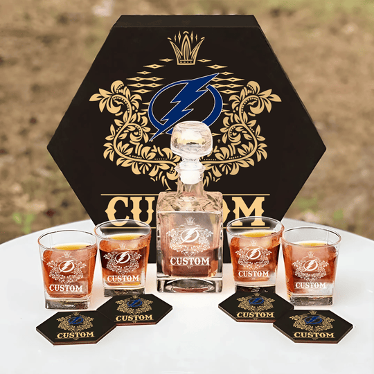 Personalized Tampa Bay Lightning Decanter Set Wooden Box Custom Gift