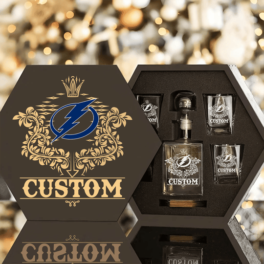 Personalized Tampa Bay Lightning Decanter Set Wooden Box Custom Gift