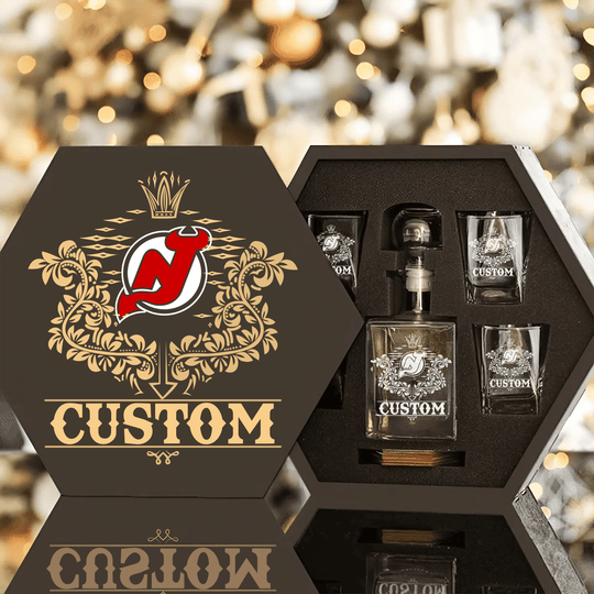 Personalized New Jersey Devils Decanter Set Wooden Box Custom Gift