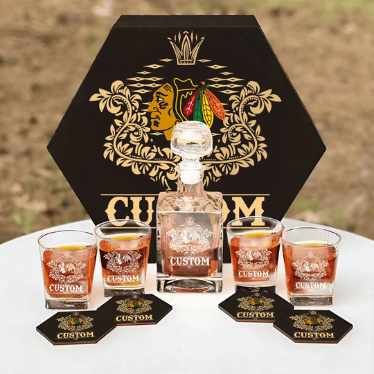 Personalized Chicago Blackhawks Decanter Set Wooden Box Custom Gift