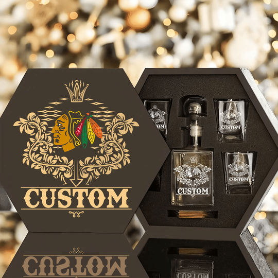 Personalized Chicago Blackhawks Decanter Set Wooden Box Custom Gift