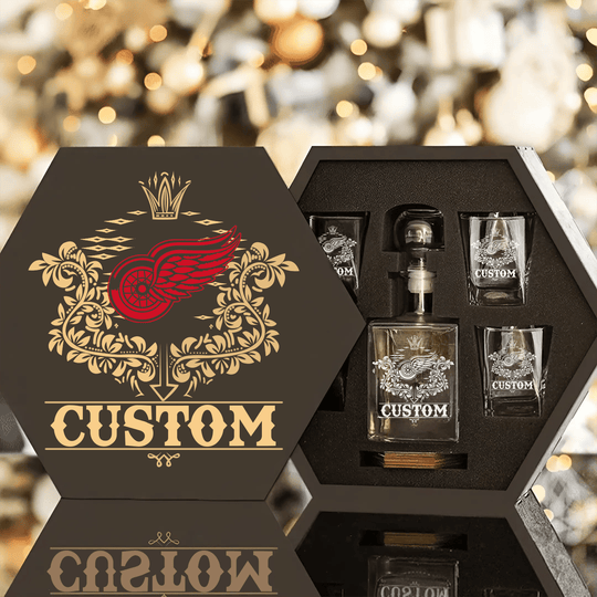Personalized Detroit Red Wings Decanter Set Wooden Box Custom Gift