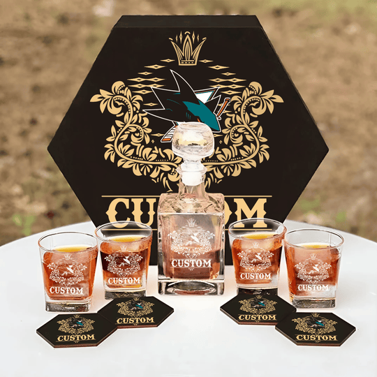 Personalized San Jose Sharks Decanter Set Wooden Box Custom Gift