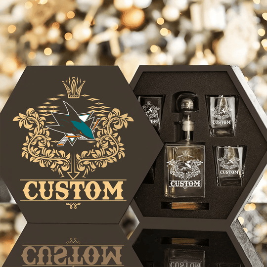 Personalized San Jose Sharks Decanter Set Wooden Box Custom Gift