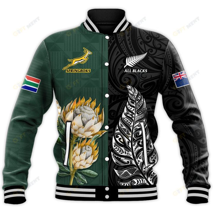 South Africa Protea and New Zealand Fern Baseball Jacket Rugby Go Springboks vs All Black