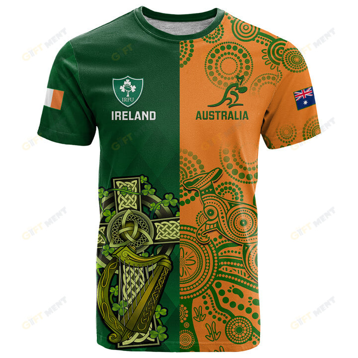Custom Australia And Ireland Rugby T Shirt 2023 World Cup Walllabies With Shamrocks