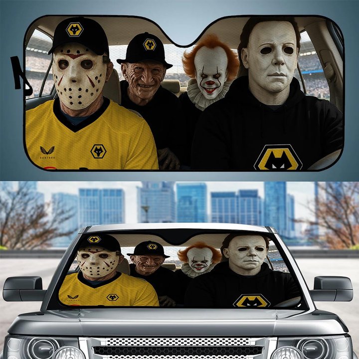 Wolverhampton Wanderers Horror Movie Funny Car Sunshade | EPL Halloween Windshield Cover Funny Car Sunshade Limited Edition