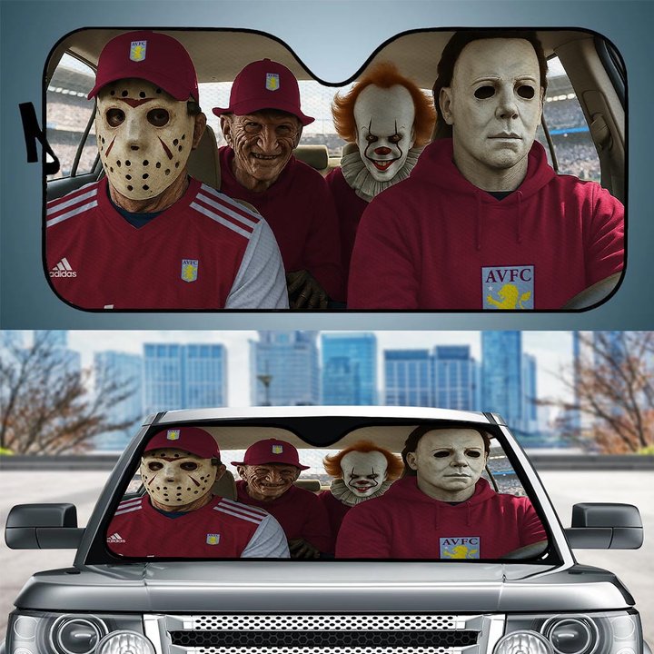Aston Villa Horror Movie Funny Car Sunshade | EPL Halloween Windshield Cover Funny Car Sunshade Limited Edition
