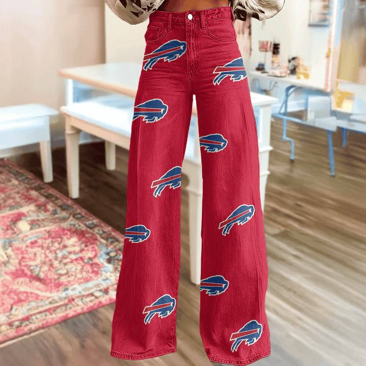 Buffalo Bills Logo Print Wide Leg Jeans | Fan Fashion Statement