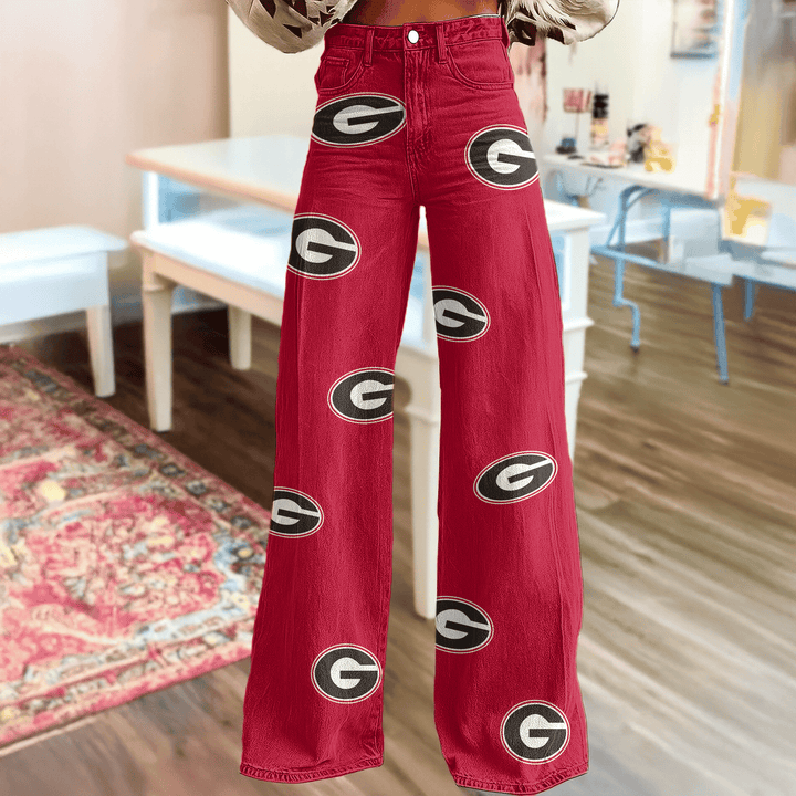 Georgia Bulldogs Logo Print Wide Leg Jeans | Fan Fashion Statement