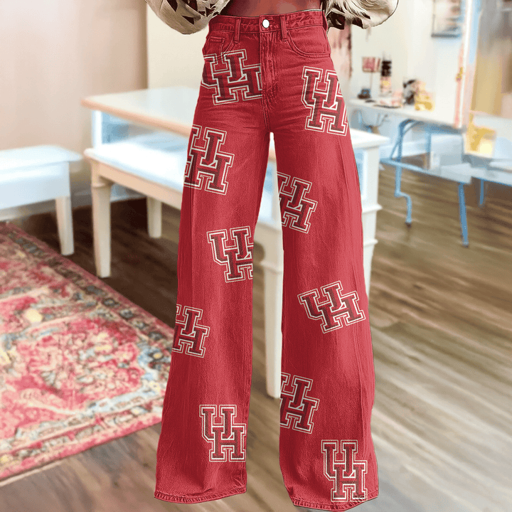 HOU Cougars Logo Print Wide Leg Jeans | Fan Fashion Statement