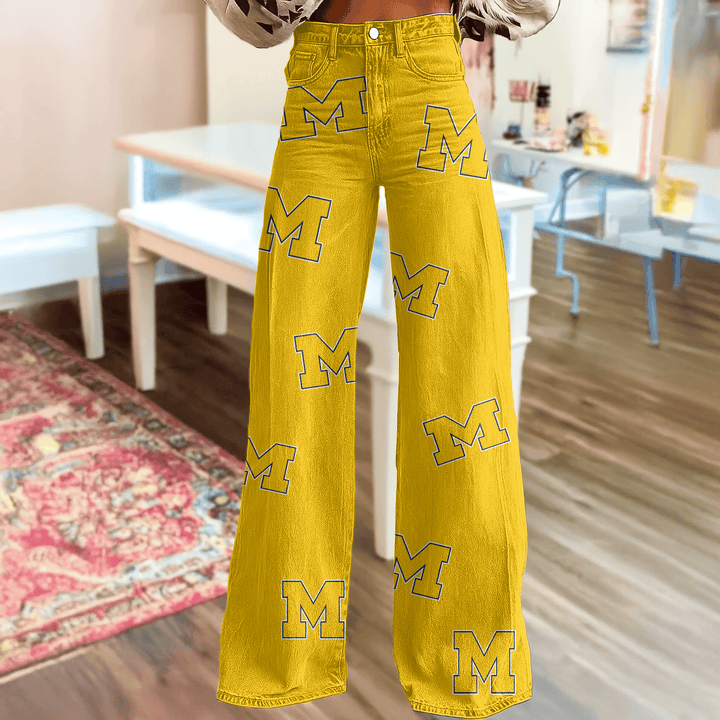 Michigan Wolverines Logo Print Wide Leg Jeans | Fan Fashion Statement