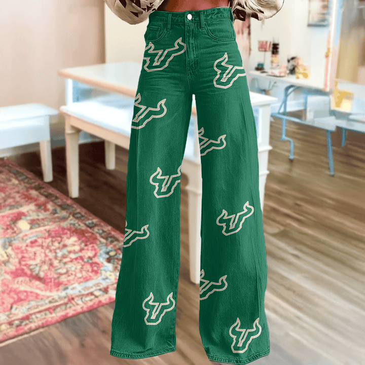 South Florida Bulls Logo Print Wide Leg Jeans | Fan Fashion Statement