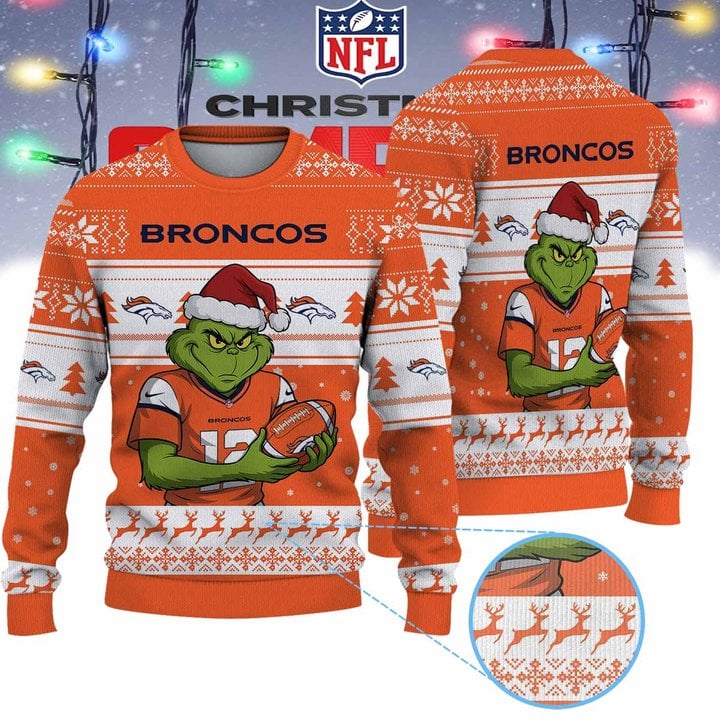 Denver Broncos Grinch Jersey Premium Ugly Sweater Xmas