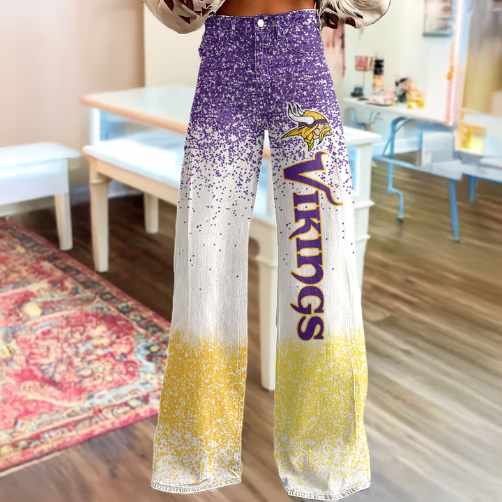 Minnesota Vikings Logo Print Wide Leg Jeans Gradient Sparkle | Fan Fashion Statement