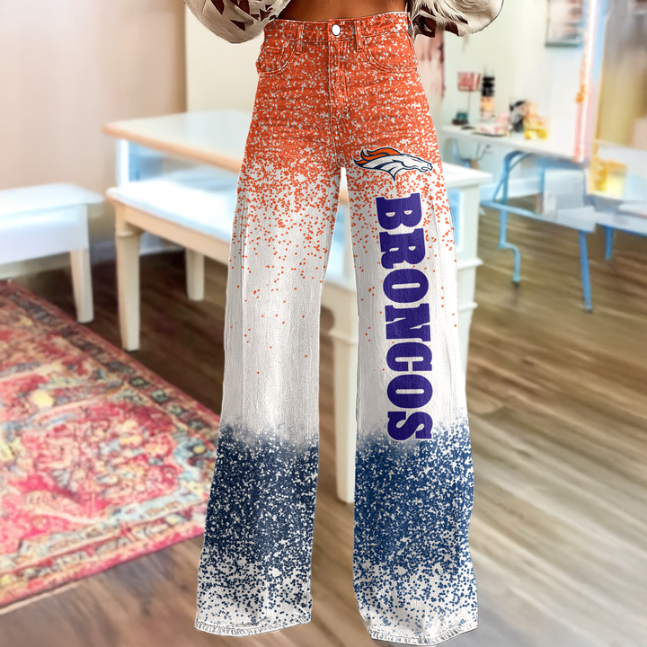 Denver Broncos Logo Print Wide Leg Jeans Gradient Sparkle | Fan Fashion Statement