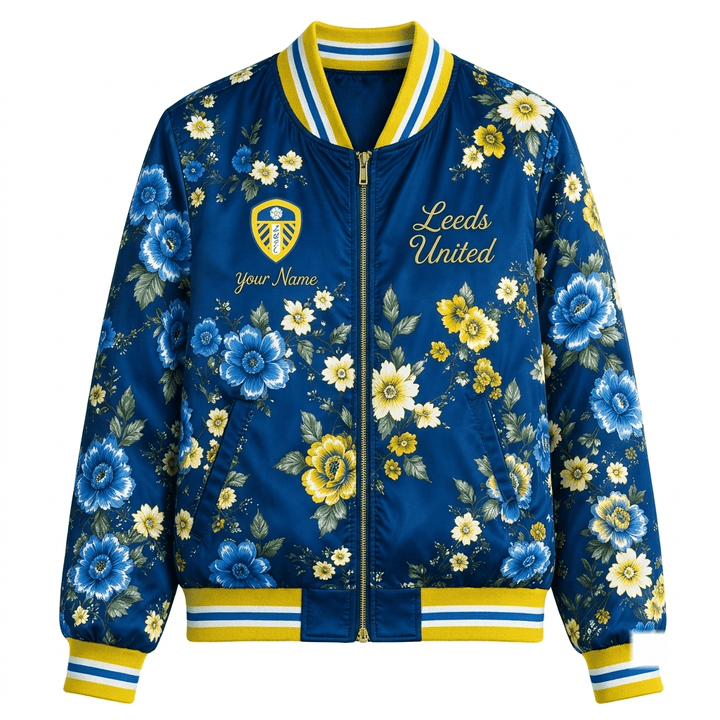 Leed United EPL Women's Floral Print Casual Zip Up Jacket Personalized Name