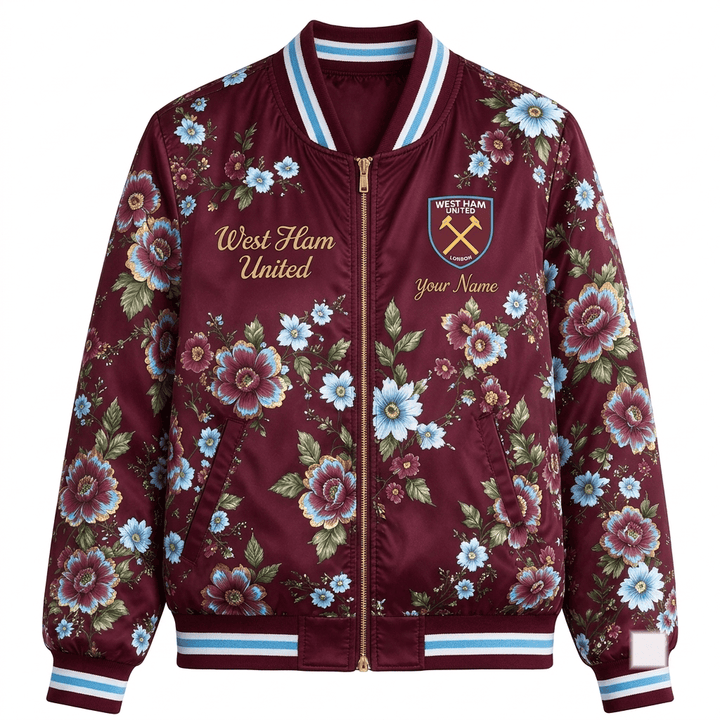 West Ham United EPL Women's Floral Print Casual Zip Up Jacket Personalized Name