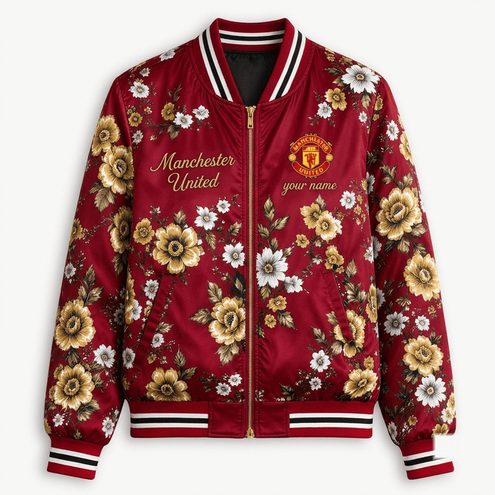 Manchester United EPL Women's Floral Print Casual Zip Up Jacket Personalized Name