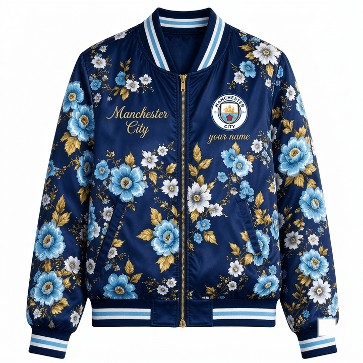 Manchester City EPL Women's Floral Print Casual Zip Up Jacket Personalized Name