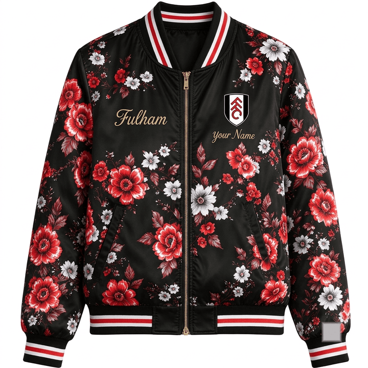 Fulham EPL Women's Floral Print Casual Zip Up Jacket Personalized Name