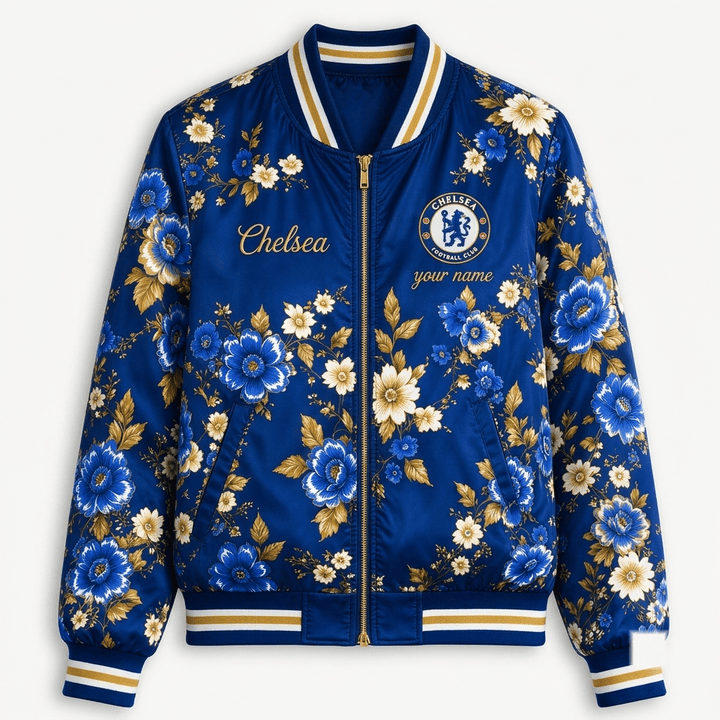 Chelsea EPL Women's Floral Print Casual Zip Up Jacket Personalized Name