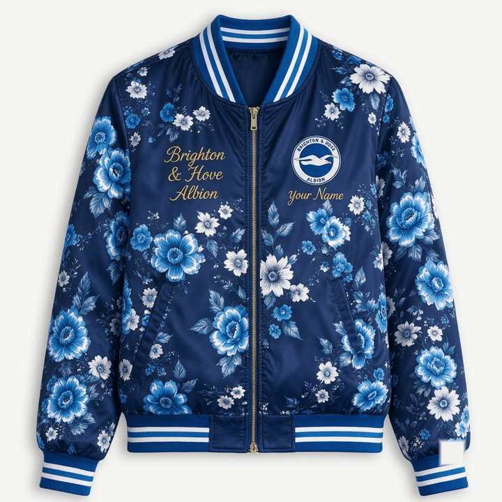 Brighton & Hove Albion EPL Women's Floral Print Casual Zip Up Jacket Personalized Name