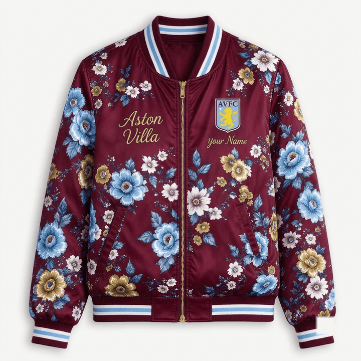 Aston Villa EPL Women's Floral Print Casual Zip Up Jacket Personalized Name