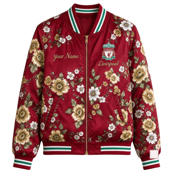 Liverpool EPL Women's Floral Print Casual Zip Up Jacket Personalized Name