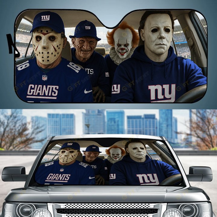 New York Giants Horror Movie Car Sunshade | NFL Halloween Windshield Cover Funny Car Sunshade Limited Edition